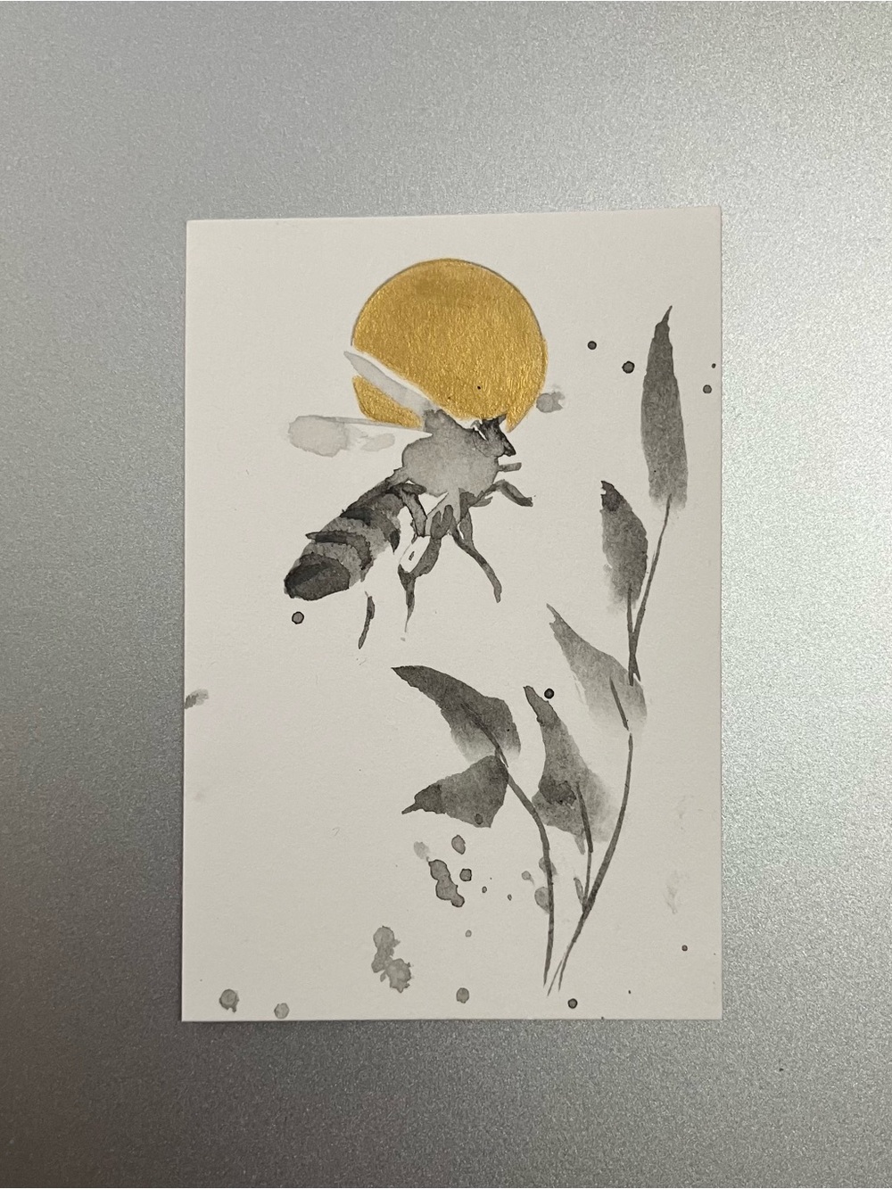 Original honeybee painting miniature realism bee sumi-e style art collectible